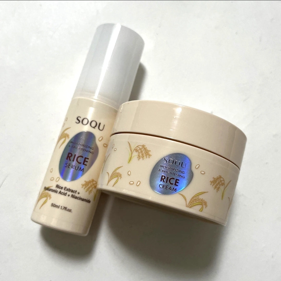 SOQU Dreamy Brightening up Duo - Serum & Cream - Infused with Rice Extract, Hyaluronic Acid and Niacinamide - Brighter, Clearer, and Healthier Hydration - 2 Piece Set