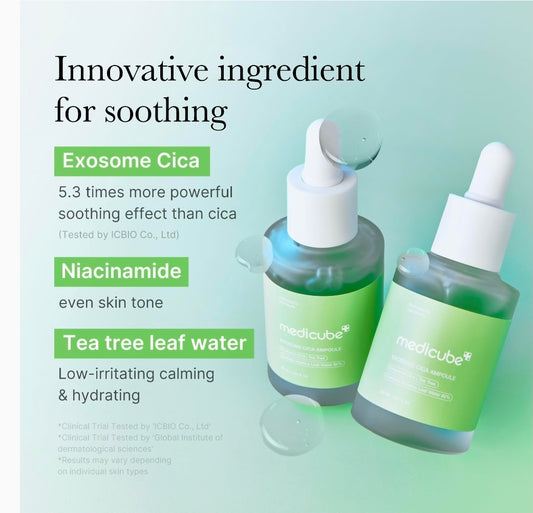 Medicube-Exosome Cica Serum - Enriched with 12 types of Cica ingredients, and 2% Niacinamide offers a soothing effect to irritated skin and brightens dark skin