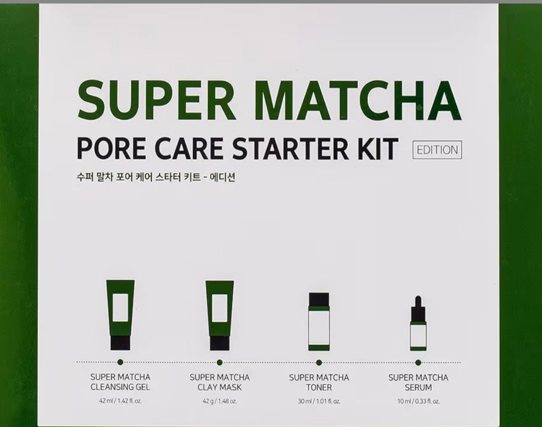 SOME BY MI Super Matcha Pore Care Starter Kit - Toner 1.01Oz, Serum 0.33Oz, Cleansing Gel 1.42Oz, Clay Mask 1.48Oz, Sebum, Anti-wrinkle and Trouble Care