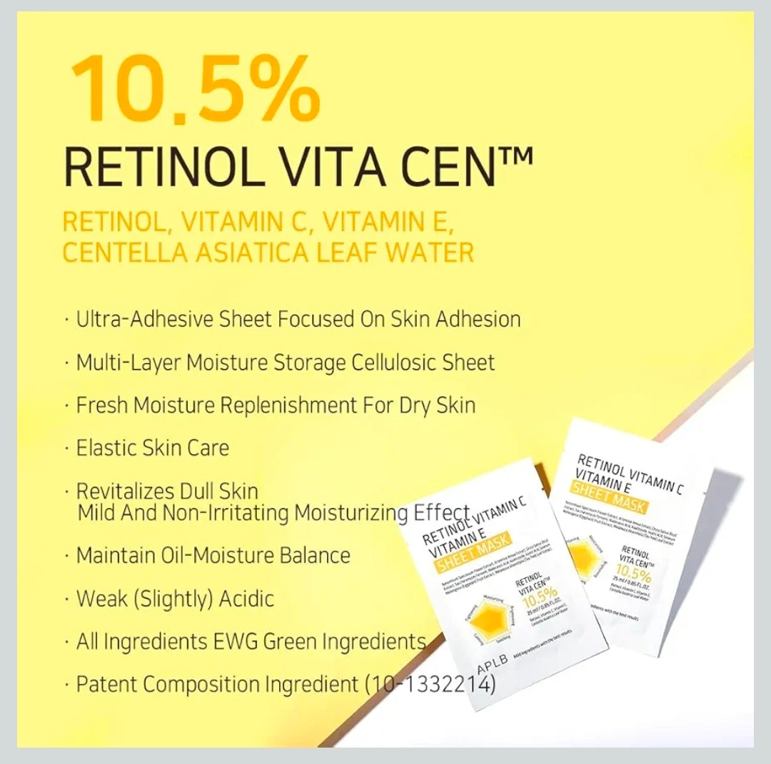 Mascarilla de lámina con retinol, vitamina C y vitamina E de APLB - RETINOL VITA CEN 10,5 % Hidratación duradera, cuidado antiarrugas, revitalizante para suavizar y mejorar la textura de la piel - 1 mascarilla