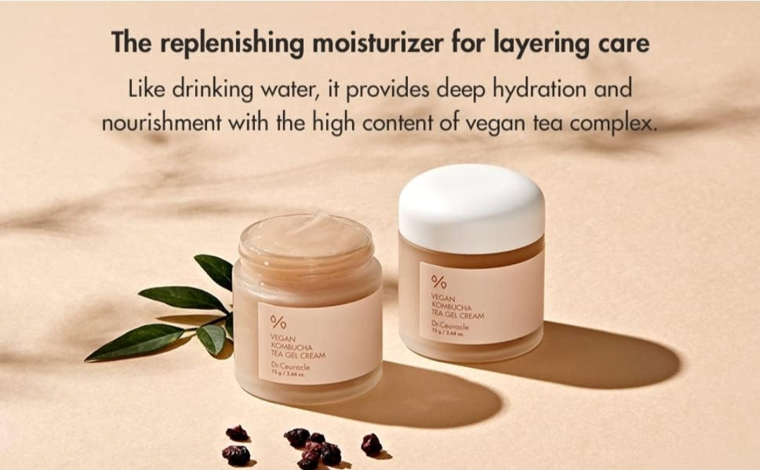 Dr. Ceuracle Vegan Kombucha Tea Beginning Set - Hydrating Essence Toner and a Nourishing Gel Cream. All skin types, this set deeply hydrates and leaves your skin glowing.
