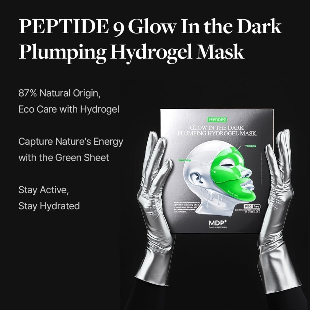 Mascarilla de hidrogel rellenadora MDP+ PEPTIDE 9 que brilla en la oscuridad: hidratante, con colágeno para elasticidad, minimiza los poros y rellena las arrugas (1 mascarilla)