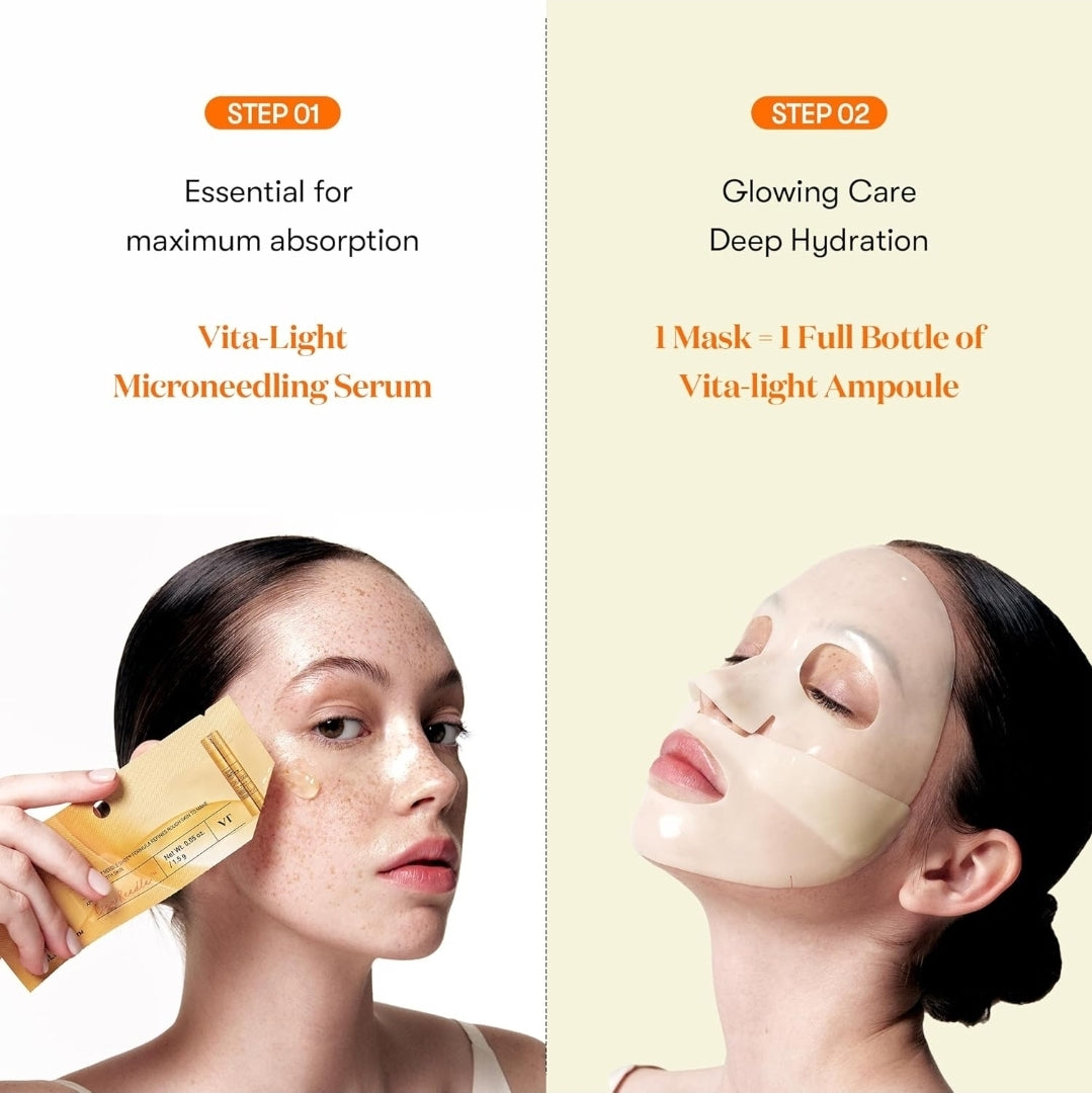 VT Cosmetics Vita-Light Reedle Shot 100 - 2 Step Brightening Hydrogel Mask - Cicahyalon + Cica Reedle + Vitamin C - Intensive Glowing, Exosome Glutathione, Melting - 1 Mask