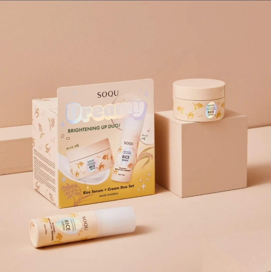 SOQU Dreamy Brightening up Duo - Serum & Cream - Infused with Rice Extract, Hyaluronic Acid and Niacinamide - Brighter, Clearer, and Healthier Hydration - 2 Piece Set