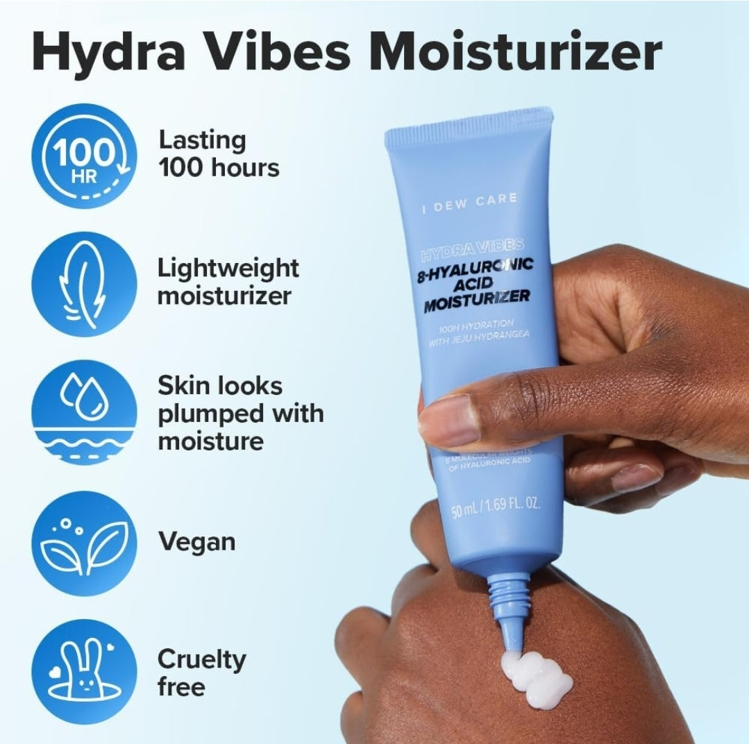 I DEW CARE Cuidado de la Piel - Hydra Vibes - Set de 3 piezas + 1 Diadema de Gato Gratis - Limpiador, suero y humectante con ácido hialurónico de diferente peso molecular