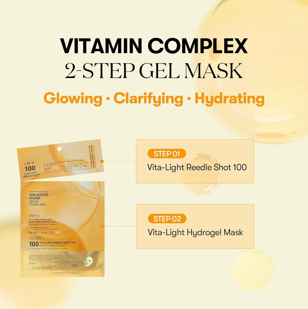 VT Cosmetics Vita-Light Reedle Shot 100 - 2 Step Brightening Hydrogel Mask - Cicahyalon + Cica Reedle + Vitamin C - Intensive Glowing, Exosome Glutathione, Melting - 1 Mask