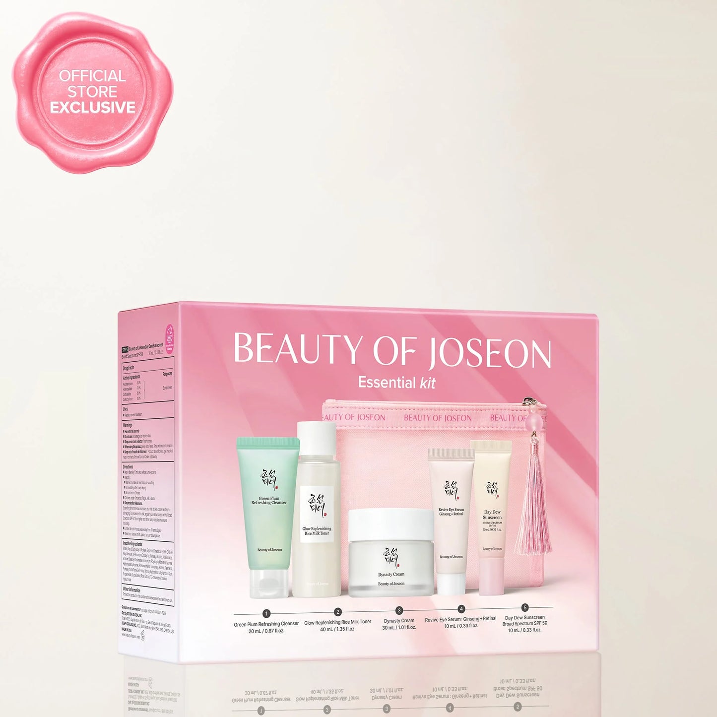 Beauty of Joseonn Ezzential Kit- Features our Green Plum Refreshing Cleanser, Rice Milk Toner, Dynasty Cream, Revive Eye Serum, and Day Dew Sunscreen.