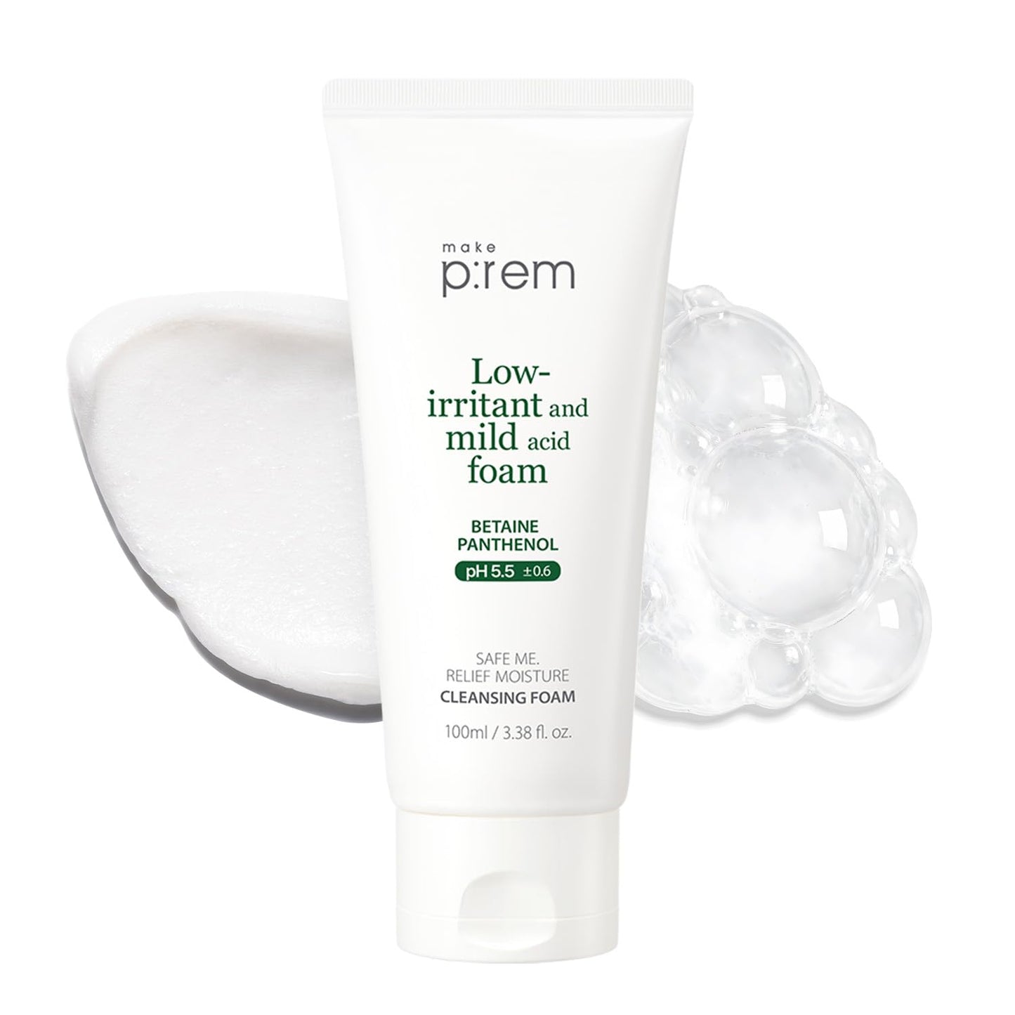 MAKE P:REM Safe Me. Relief Moisture Cleansing Foam, Delicate Eye-Friendly Face Wash for Sensitive Skin, pH Balanced Deep Pore Cleansing, Korean Skin Care