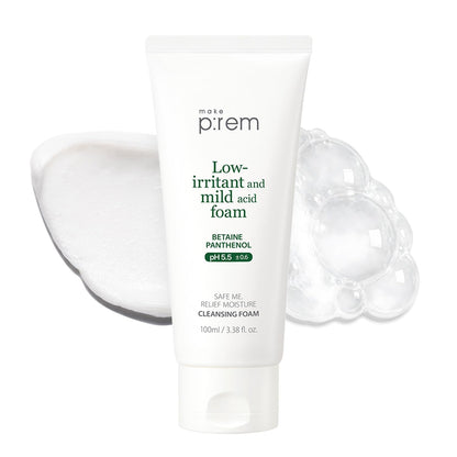 MAKE P:REM Safe Me. Relief Moisture Cleansing Foam, Delicate Eye-Friendly Face Wash for Sensitive Skin, pH Balanced Deep Pore Cleansing, Korean Skin Care