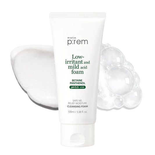 MAKE P:REM Safe Me. Relief Moisture Cleansing Foam, Delicate Eye-Friendly Face Wash for Sensitive Skin, pH Balanced Deep Pore Cleansing, Korean Skin Care