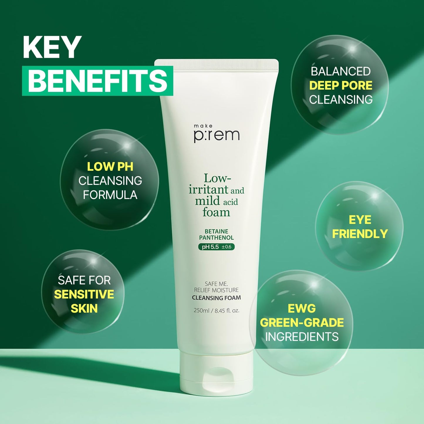 MAKE P:REM Safe Me. Relief Moisture Cleansing Foam, Delicate Eye-Friendly Face Wash for Sensitive Skin, pH Balanced Deep Pore Cleansing, Korean Skin Care