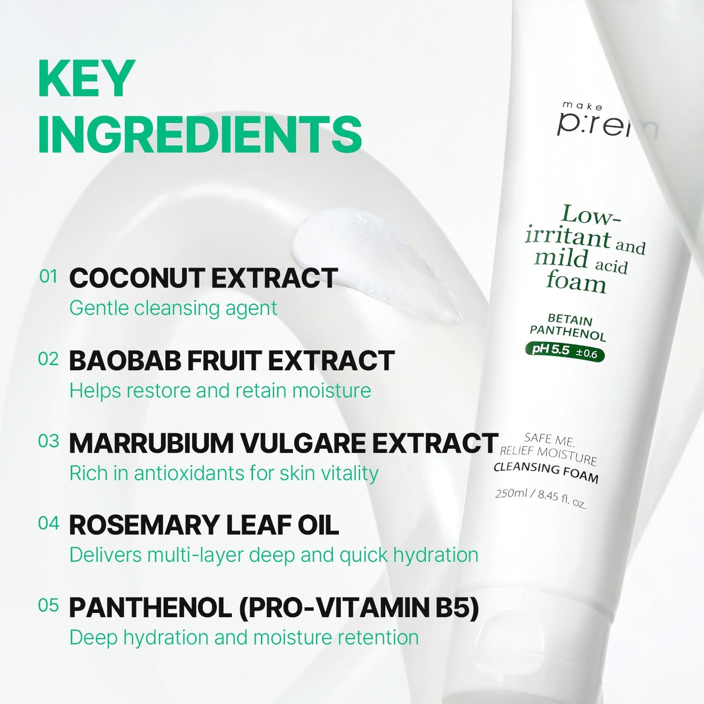 MAKE P:REM Safe Me. Relief Moisture Cleansing Foam, Delicate Eye-Friendly Face Wash for Sensitive Skin, pH Balanced Deep Pore Cleansing, Korean Skin Care