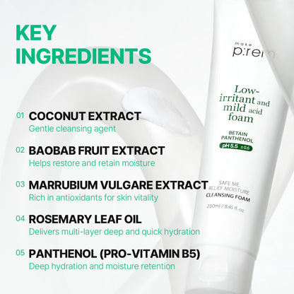 MAKE P:REM Safe Me. Relief Moisture Cleansing Foam, Delicate Eye-Friendly Face Wash for Sensitive Skin, pH Balanced Deep Pore Cleansing, Korean Skin Care