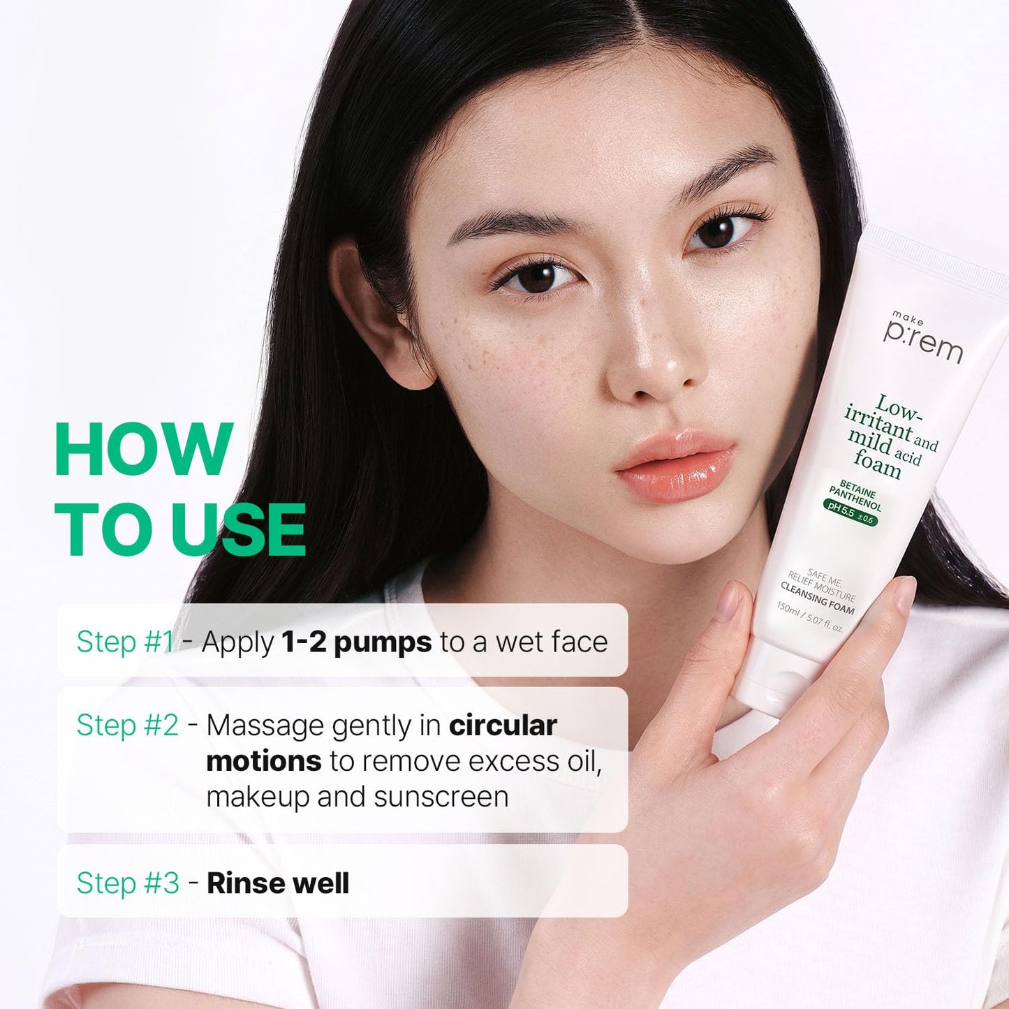 MAKE P:REM Safe Me. Relief Moisture Cleansing Foam, Delicate Eye-Friendly Face Wash for Sensitive Skin, pH Balanced Deep Pore Cleansing, Korean Skin Care