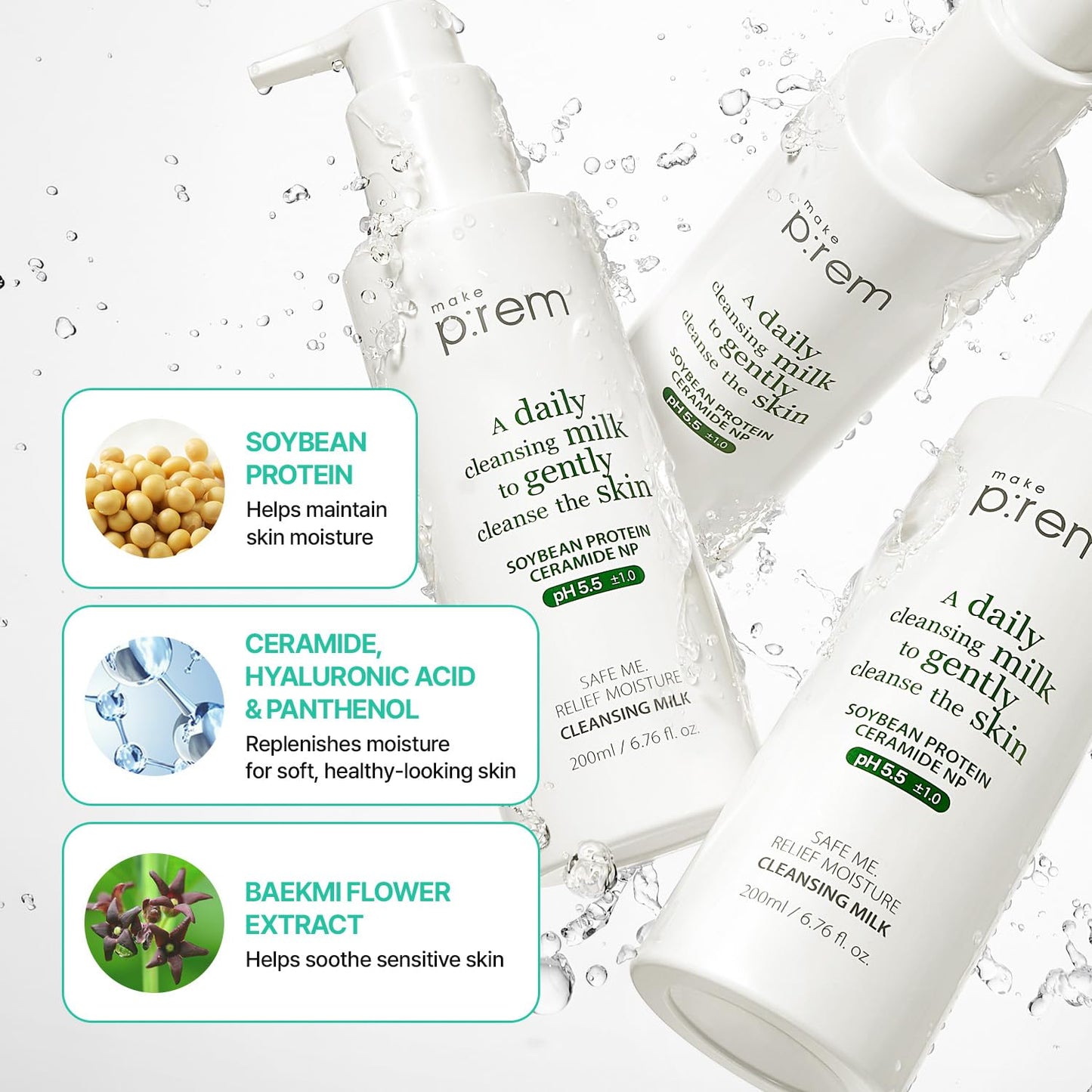 MAKE P:REM Safe Me Relief Moisture Cleansing Milk -  Hydrating Face Wash, Gentle Milk Cleanser for Sensitive Skin with Soy Protein, Korean Face Wash