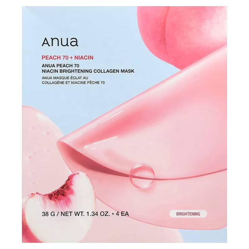ANUA Peach 70 Niacin Brightening Collagen Mask, 1.34 fl.oz/4ea | Overnight Face Mask for Glass Skin, Niacinamide, Elasticity, Even Skin Tone, Natural Color, Korean Skincare