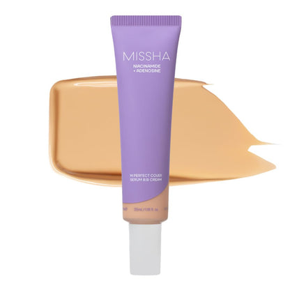 MISSHA M Perfect Cover Serum BB Cream No.27 Honey Beige (Mini) Cardi B's pick; medium cool-neutral; skin tint, tinted moisturizer, skin care foundation, Korean Makeup, buildable coverage