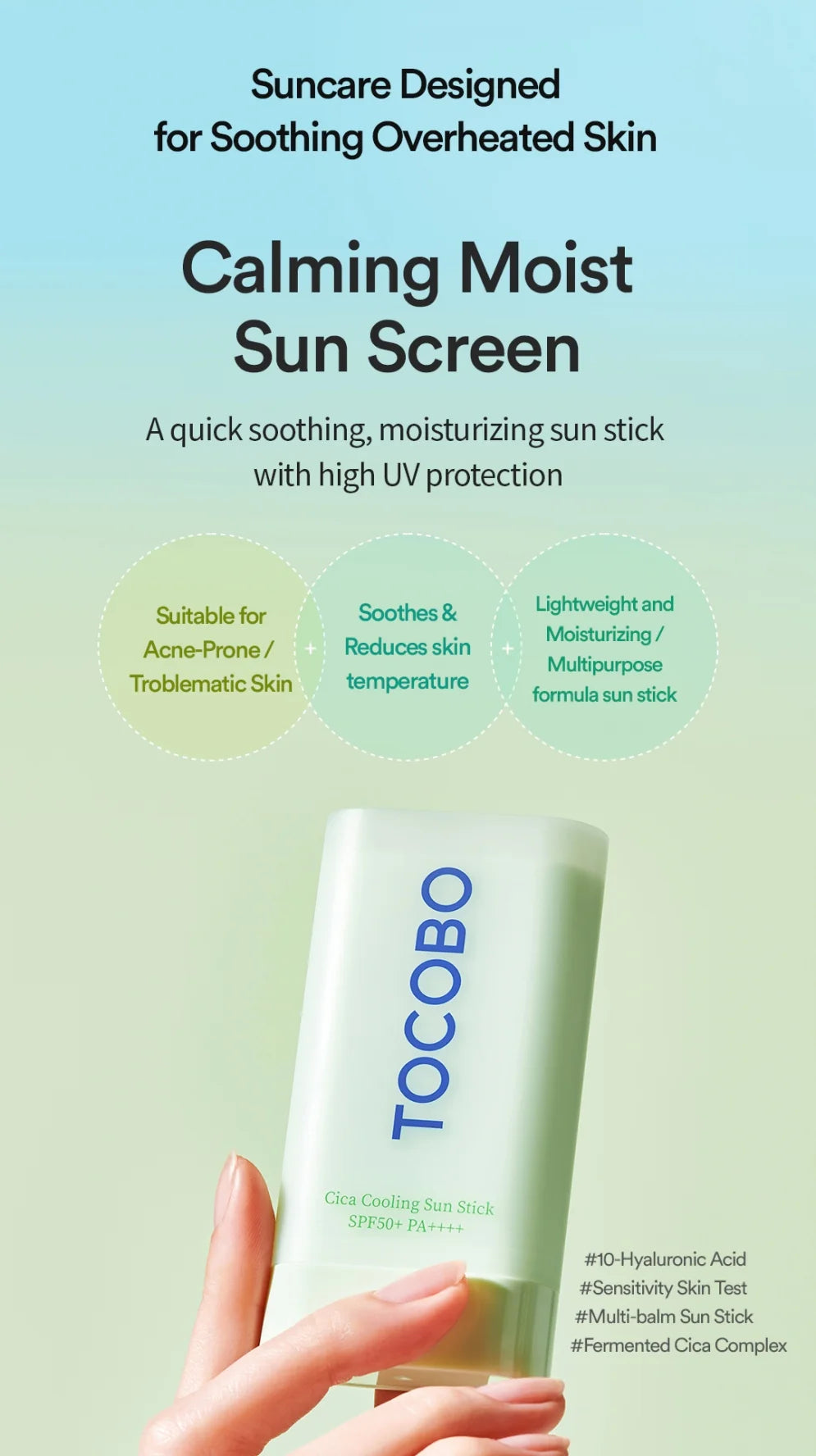 TOCOBO Cica Cooling Sun Stick SPF50+ PA++++ 1.69 fl. oz - Fermented Cica Complex, Cooling Sun Stick, Reduces Skin Temperature, Quick Soothing, Lightweight and Moisturizing Sun Stick