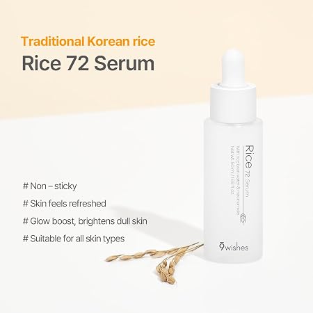 9wishes Rice 72 Serum – Korean Rice Bran Water 72% Face Serum with Niacinamide – Non-Sticky, Lightweight Hydration – Brightening Glow Boost for Dull Skin