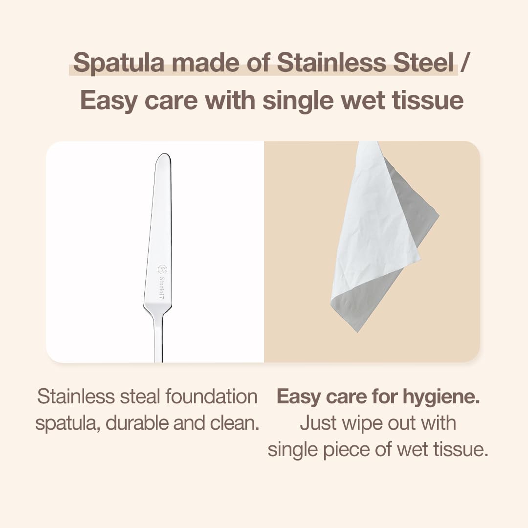 STUDIO17 Foundation Spatula Made of Stainless Steel, Professional Makeup Spatula for Even Application of Foundation, Double Edged Spatula for Small Area of Face, Pouch Included for Clean Storage