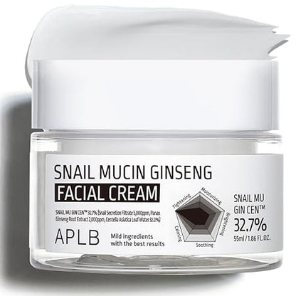 APLB Snail Mucin Ginseng Facial Cream - SNAIL MU GIN CEN, stimulates collagen production, helping to improve skin elasticity and firmness. Witness the reduction of fine lines and wrinkles