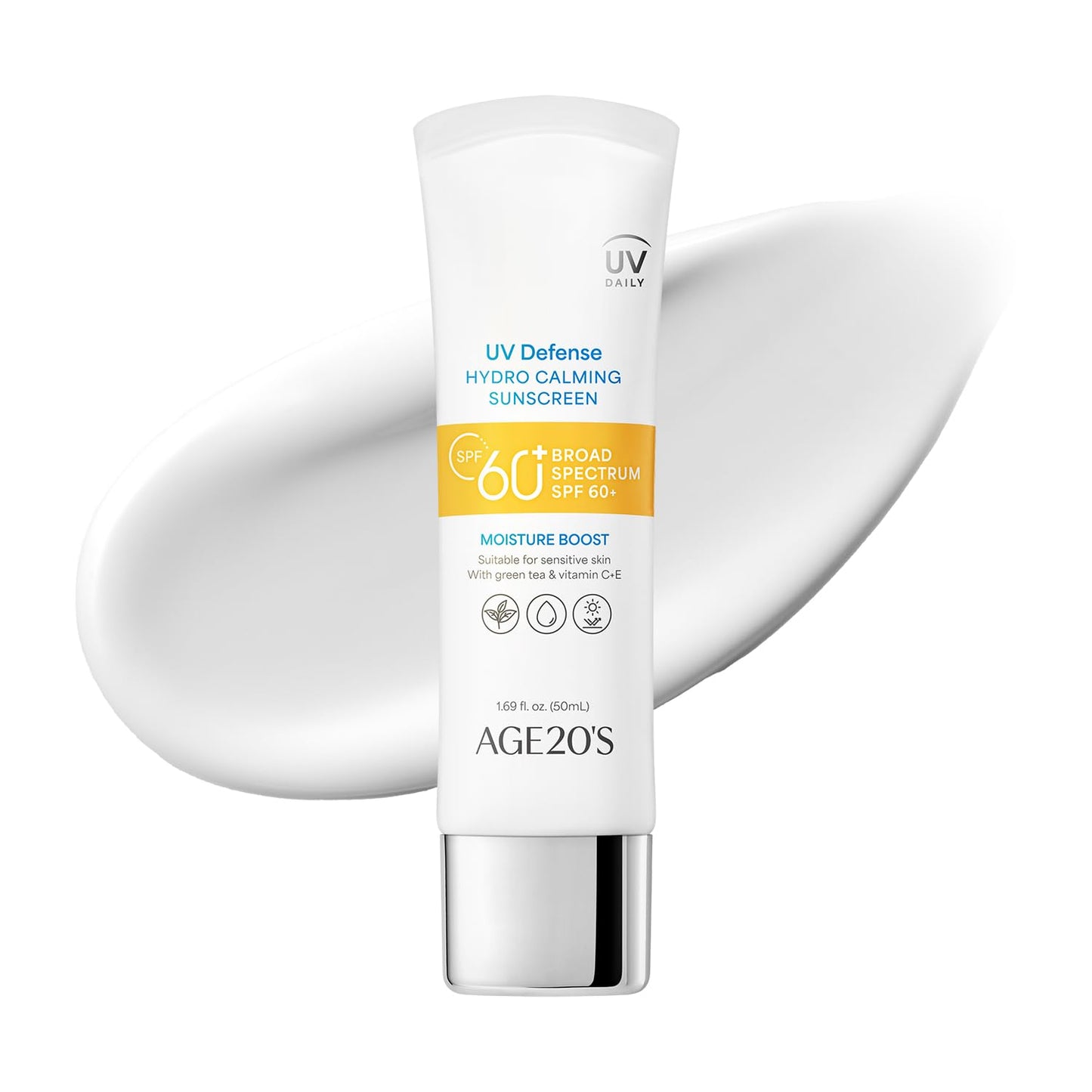 AGE20'S UV Defense Hydro Calming Sunscreen SPF 60+ | Korean Sunscreen | Moisturizing Creamy Formula, No White Cast, Lightweight Finish | Green Tea + Aloe Vera | Dermatest Excellent
