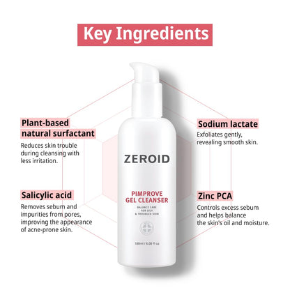 ZEROID Pimprove Gel Cleanser - Gentle Face Cleanser Face Wash for Sensitive Skin, Balanced Care for Oily & Troubled Skin, Acne-Prone Skincare