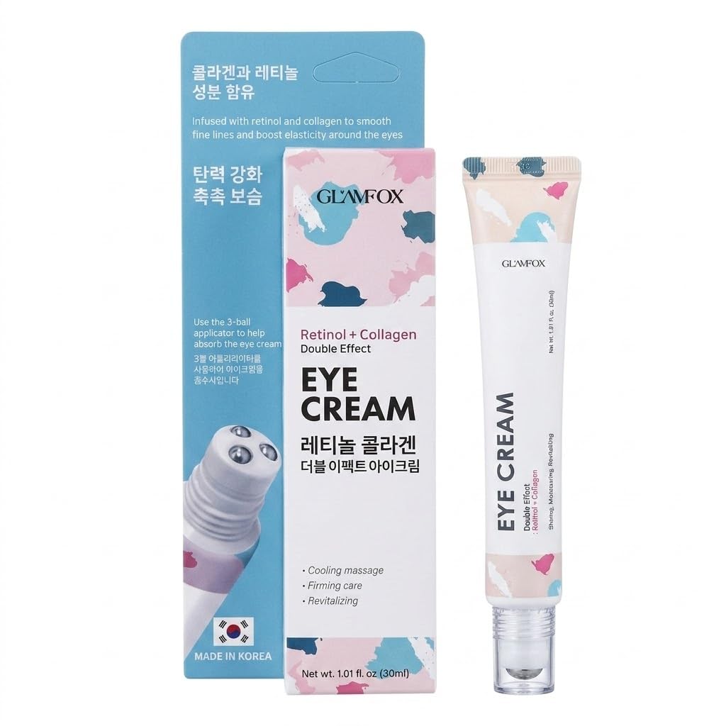 Glamfox Retinol + Collagen Eye Cream – K-Beauty Anti-Aging Under Eye Cream with 3-Ball Cooling Roller Applicator for Appearance of Wrinkles, Dark Circles & Puffiness