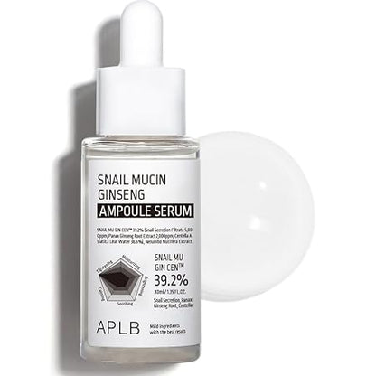 APLB Snail Mucin Ginseng Ampoule Serum - SNAIL MU GIN CEN - Ginseng stimulates collagen production, helping to improve skin elasticity and firmness. Witness the reduction of fine lines and wrinkles