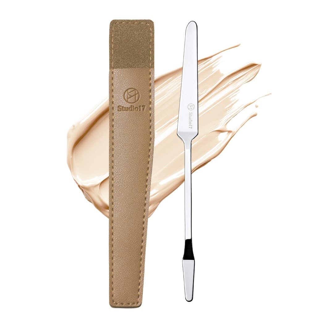 STUDIO17 Foundation Spatula Made of Stainless Steel, Professional Makeup Spatula for Even Application of Foundation, Double Edged Spatula for Small Area of Face, Pouch Included for Clean Storage