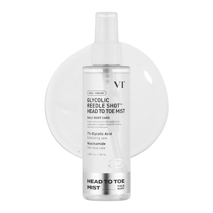 VT COSMETICS 7% Glycolic Acid Reedle Shot Head-to-Toe Mist with Niacinamide, Exfoliating Spray for Bumpy & Strawberry Skin, Dark Spots, Skin Texture, Keratosis Pilaris, Korean Skincare