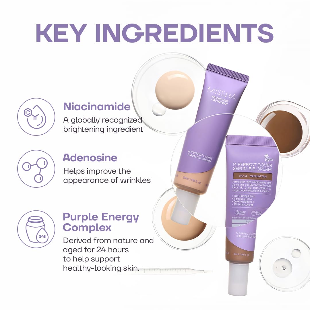 MISSHA M Perfect Cover Serum BB Cream No.27 Honey Beige (Mini) Cardi B's pick; medium cool-neutral; skin tint, tinted moisturizer, skin care foundation, Korean Makeup, buildable coverage
