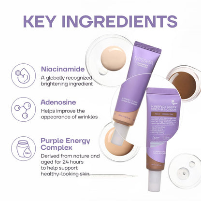 MISSHA M Perfect Cover Serum BB Cream No.27 Honey Beige (Mini) Cardi B's pick; medium cool-neutral; skin tint, tinted moisturizer, skin care foundation, Korean Makeup, buildable coverage