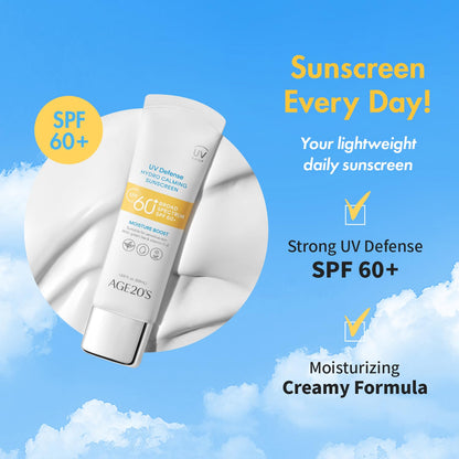 AGE20'S UV Defense Hydro Calming Sunscreen SPF 60+ | Korean Sunscreen | Moisturizing Creamy Formula, No White Cast, Lightweight Finish | Green Tea + Aloe Vera | Dermatest Excellent