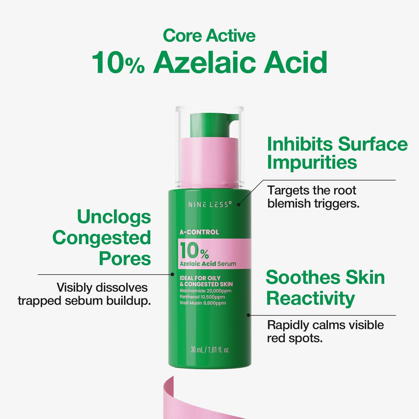 NINELESS A-Control 10% Azelaic Acid Serum with Niacinamide, Snail Mucin, 3 Hyaluronic Acids & Panthenol, Evens tone, Refines pores, Hydration, Soothes redness, For acne-prone, oily skin