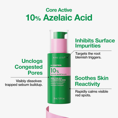 NINELESS A-Control 10% Azelaic Acid Serum with Niacinamide, Snail Mucin, 3 Hyaluronic Acids & Panthenol, Evens tone, Refines pores, Hydration, Soothes redness, For acne-prone, oily skin
