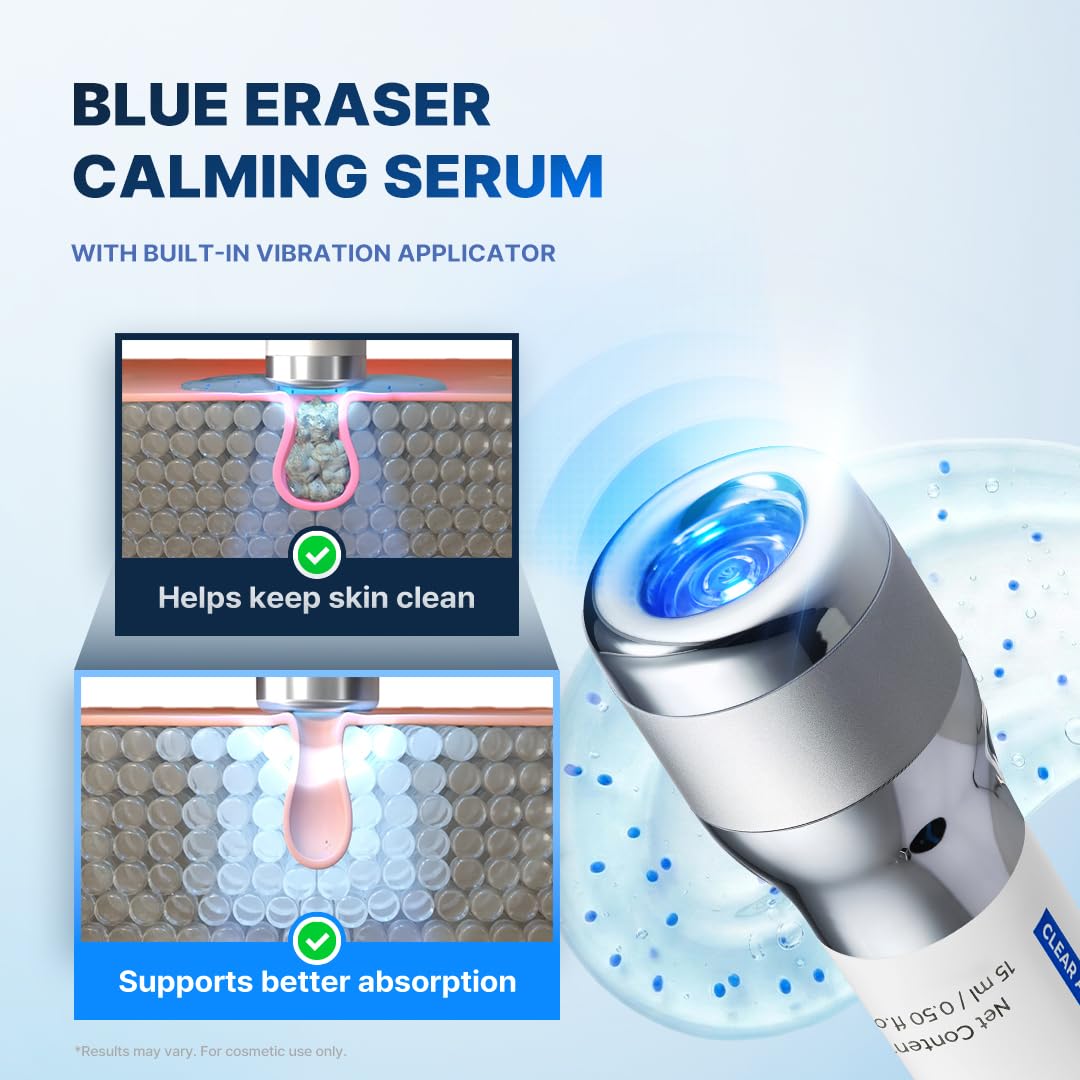 Blue Eraser Serum with Cooling LED Applicator, Tea Tree Calming Serum for Oily Skin & Sensitive Skin, Korean Skincare