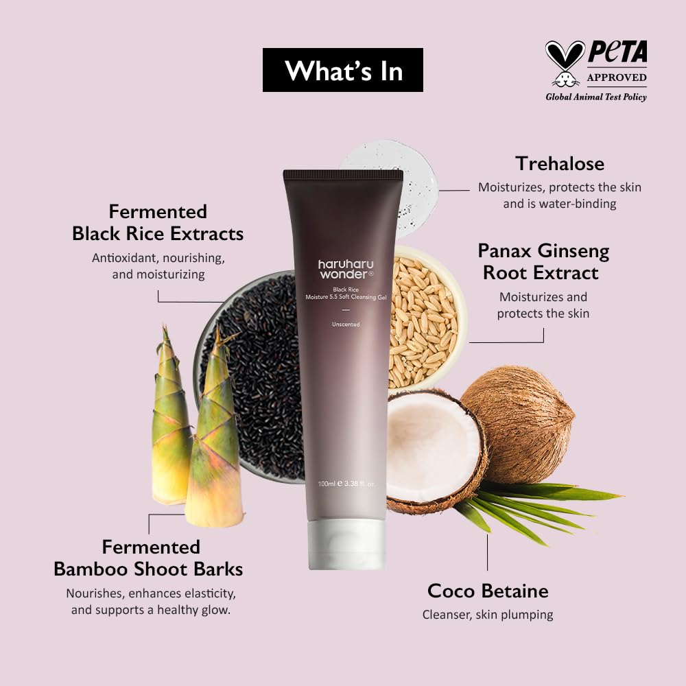 HARUHARU wonder Black Rice Moisture 5.5 Soft Cleansing Gel, Gentle Daily Cleanser, Low 5.5pH, Moisture Balance, Soap Free, For Sensitive Skin, Vegan, Cruelty-Free