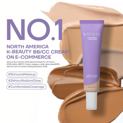MISSHA M Perfect Cover Serum BB Cream No.27 Honey Beige (Mini) Cardi B's pick; medium cool-neutral; skin tint, tinted moisturizer, skin care foundation, Korean Makeup, buildable coverage