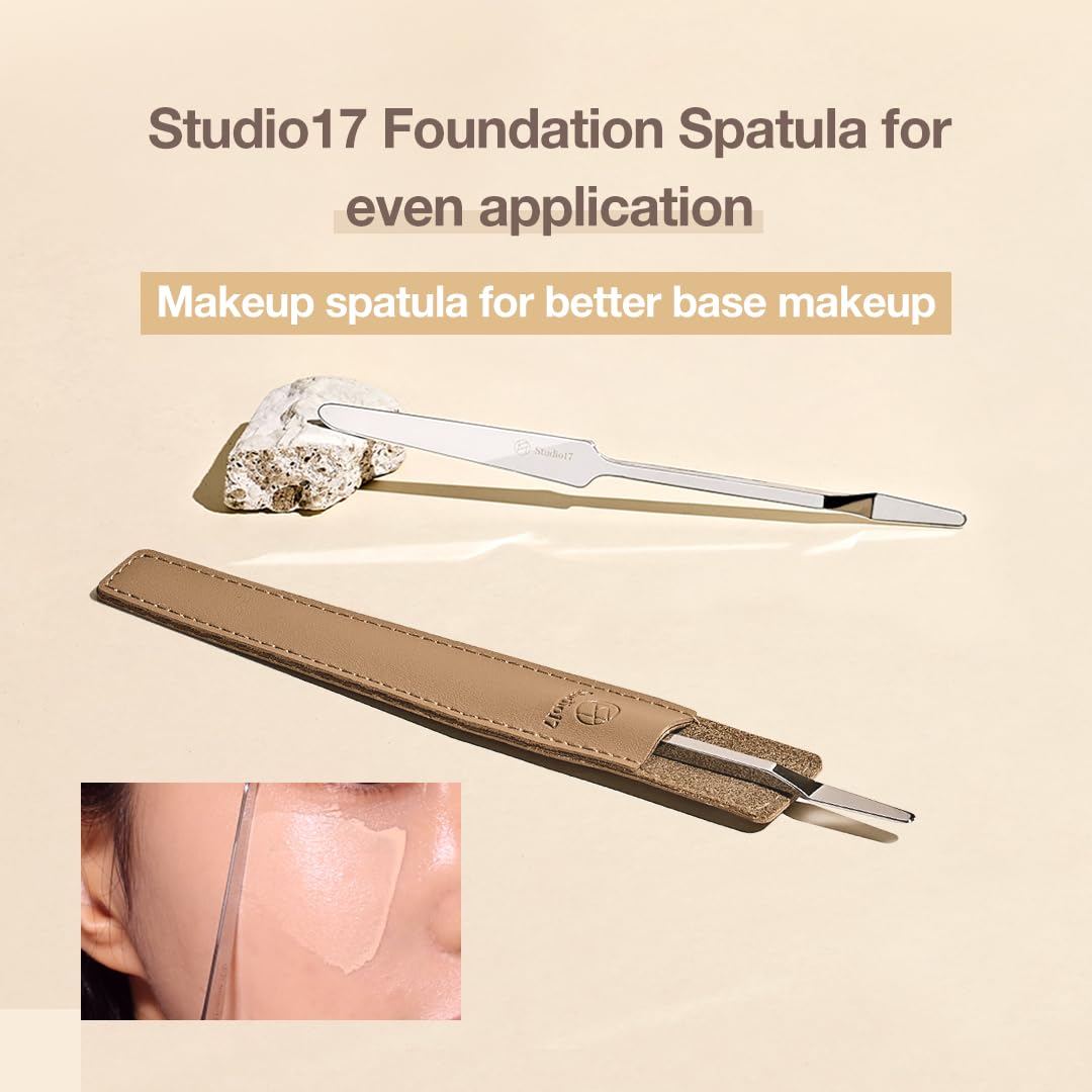 STUDIO17 Foundation Spatula Made of Stainless Steel, Professional Makeup Spatula for Even Application of Foundation, Double Edged Spatula for Small Area of Face, Pouch Included for Clean Storage
