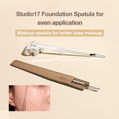 STUDIO17 Foundation Spatula Made of Stainless Steel, Professional Makeup Spatula for Even Application of Foundation, Double Edged Spatula for Small Area of Face, Pouch Included for Clean Storage