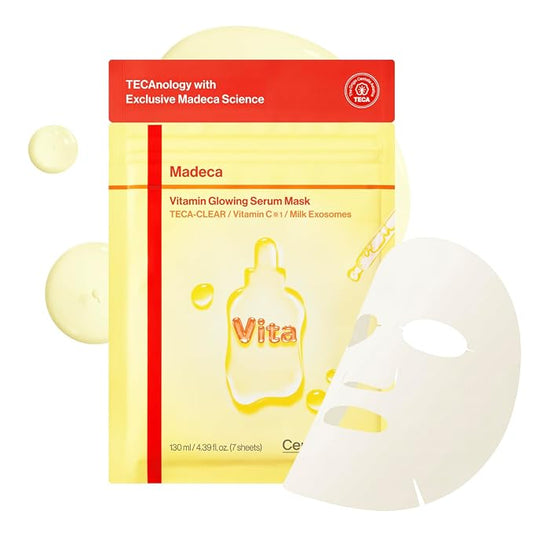 CENTELLIAN24 Madeca Vitamin Glowing Serum Mask - For Dull Skin | TECA Masks with Triple Vitamin Complex and Hyaluronic Acid for Radiance, Hydration and Dull Skin Care, 7 Count