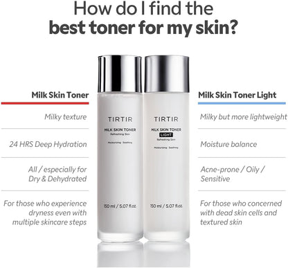 TIRTIR Milk Skin Rice Toner Light, Instant Hydration with 4% Niacinamide, Pantenol, Lightweight, Pore-tightening, Vegan, Acne-prone, Oily skin, Fungal Acne Safe, Korean skin care