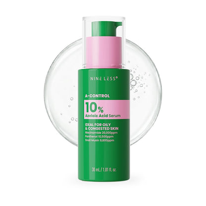 NINELESS A-Control 10% Azelaic Acid Serum with Niacinamide, Snail Mucin, 3 Hyaluronic Acids & Panthenol, Evens tone, Refines pores, Hydration, Soothes redness, For acne-prone, oily skin