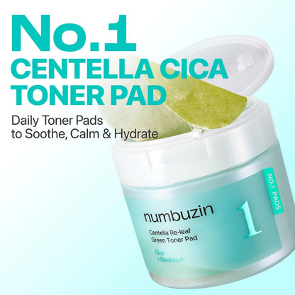 Numbuzin No.1 Toner Pads, Centella Re-Leaf Green Toner Pad, Double-Sided, Centella Asiatica, Heartleaf, Licorice Root, Calming, Hydrating, Exfoliating