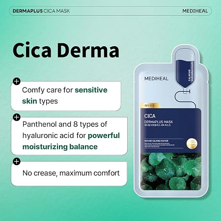 MEDIHEAL Dermaplus Cica Mask-Daily Vegan Mask for Calming Skin with Panthenol & Hyaluron, Korean Self Skin Care Sheet Mask