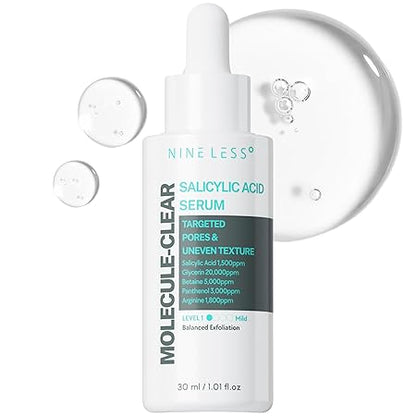 NINELESS Molecule-Clear Salicylic Acid Serum - Korean Skincare BHA Deep Pore Exfoliating for Oily Acne Prone Skin - Panthenol, Sodium Hyaluronate - Hydrating, Soothing, Sebum Control