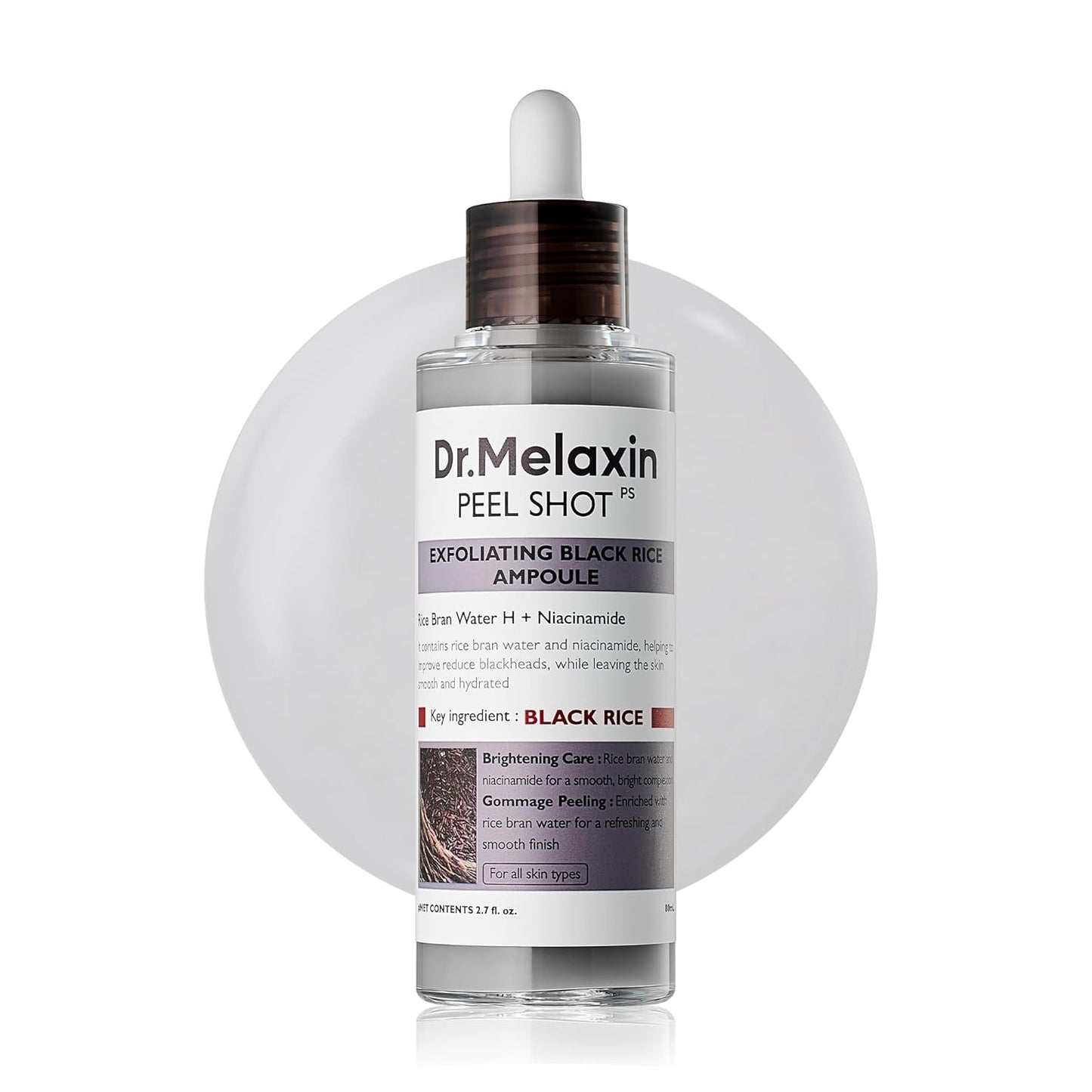 Dr.Melaxin Peel Shot Exfoliating Black Rice Ampoule - Rice Water AHA BHA Niacinamide Serum for Dead Skin Cells, Blackheads and Pores, Glass Skin Glow, Korean Skin Care Exfoliant