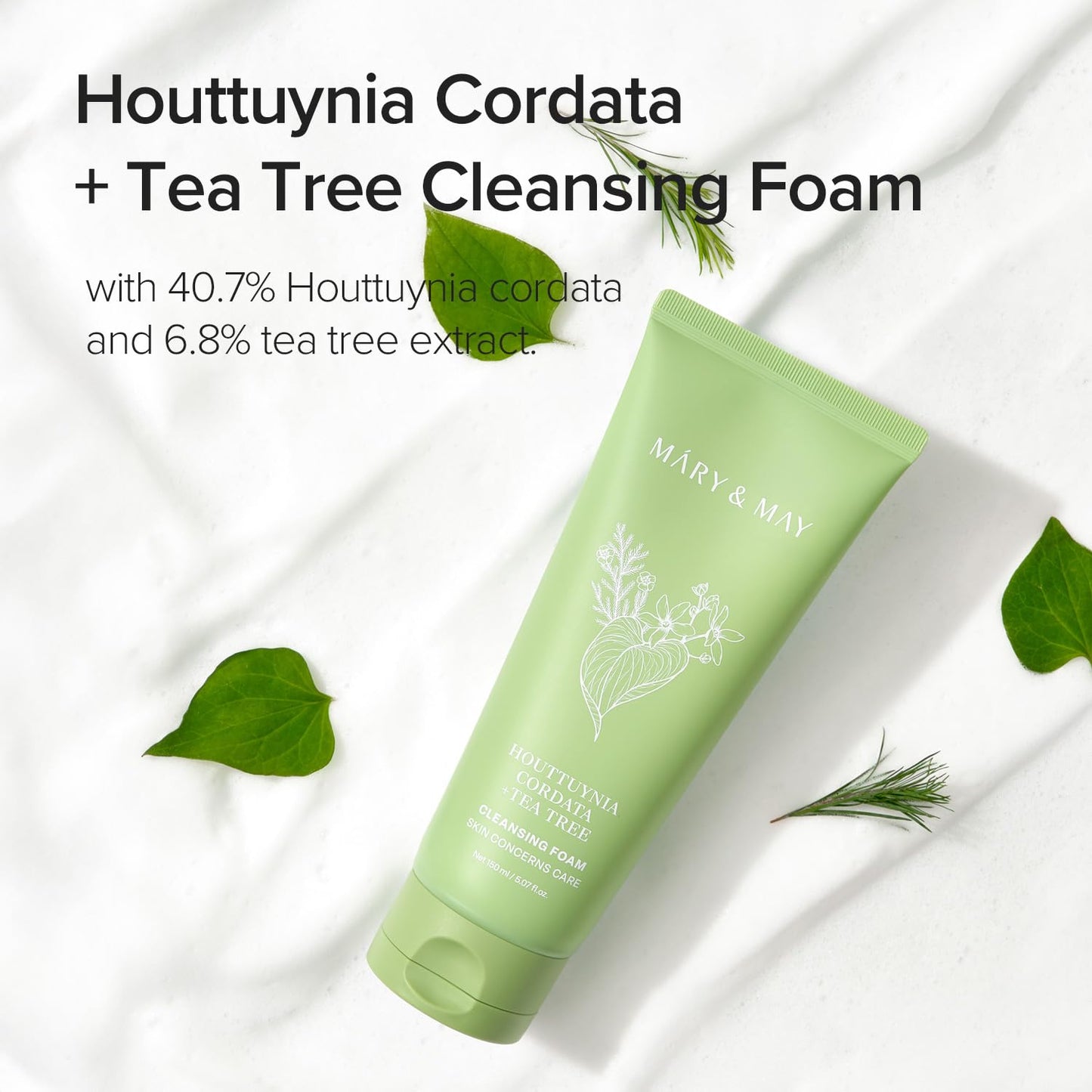 Mary&May Houttuynia Cordata + Tea Tree Deep Clean Foam (40.7% Heartleaf + 6.8% Tea Tree) – Rich Cream Foam Pore Cleanser with Hyaluronic Acid, Korean Face Wash for Oily Sensitive Skin