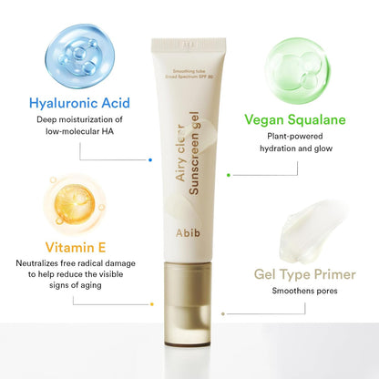Abib Airy Clear Sunscreen Gel SPF 30, Semi-matte, Pore-smoothing Primer with SPF, Korean Suncreen with No White Cast, Suncare, Skincare